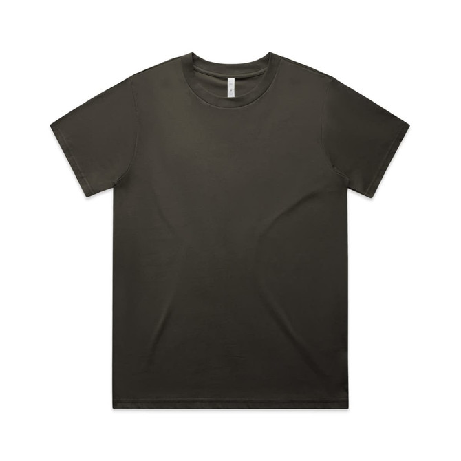 A dark green T-shirt with a classic crew neck design and a plain front. It features a logo on the label.