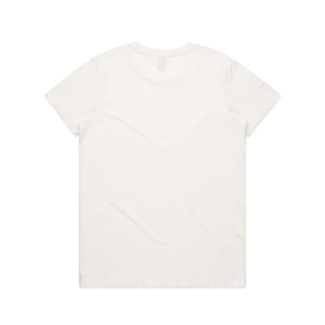 A plain white T-shirt featuring a round neck and short sleeves, with a logo on the back.