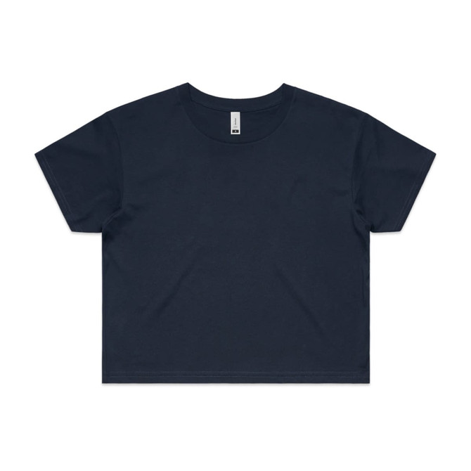 A navy blue crop tee with a relaxed fit and short sleeves. The shirt features a branding logo.