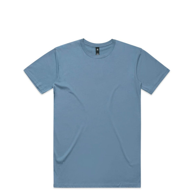 A light blue t-shirt with a crew neckline and short sleeves, featuring a logo on the inside label.
