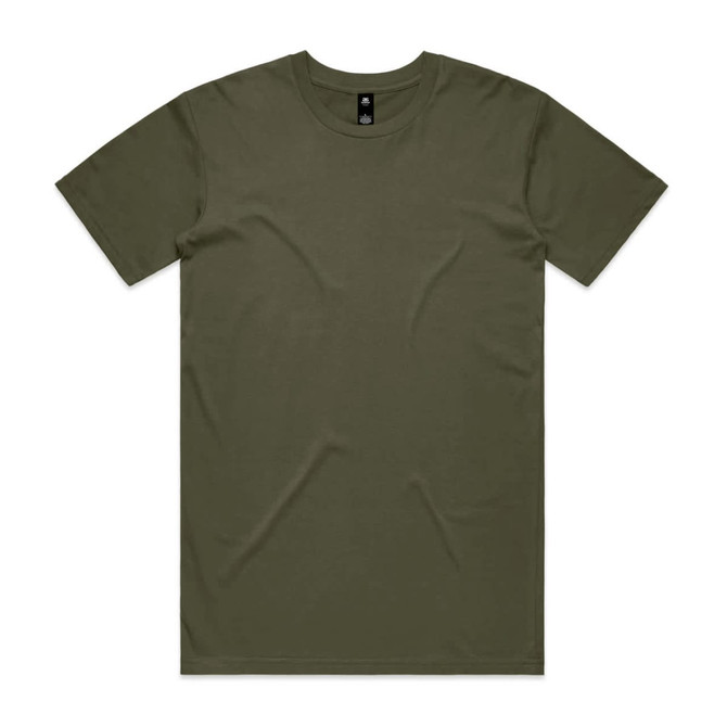 A plain olive green t-shirt with a round neck and short sleeves. It features a logo in the neckline.