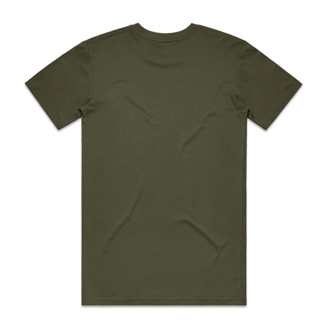 A plain olive green t-shirt with a crew neckline and short sleeves, featuring a logo on the back.