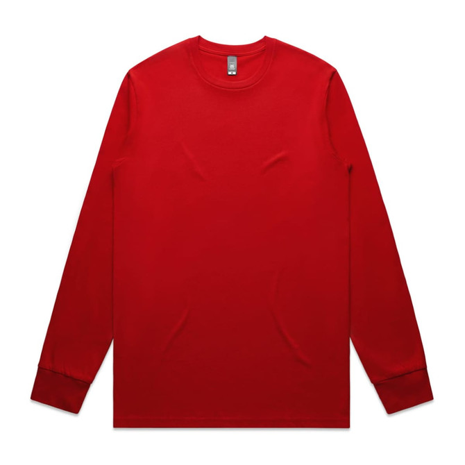 A long-sleeve red t-shirt with a plain design and a logo on the neckline.
