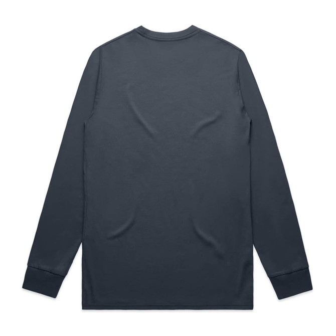 A long-sleeve tee in a dark grey colour, featuring a simple design and a logo on the back.