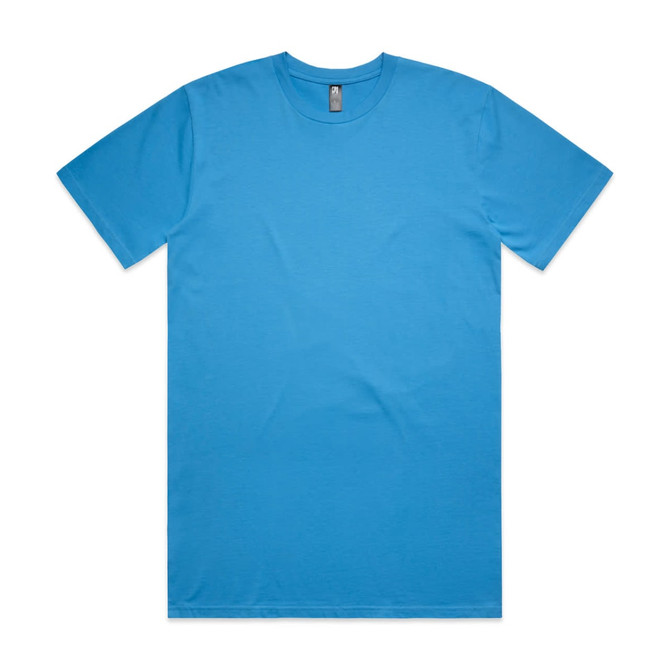 A blue classic tee shirt with a round neckline and short sleeves, featuring a logo on the label.