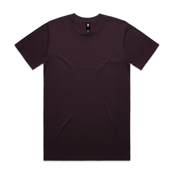 A plain dark purple t-shirt with a crew neckline and short sleeves, featuring a logo at the label.
