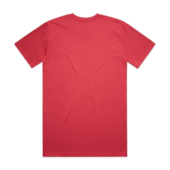 A red t-shirt with short sleeves and a plain back, featuring a logo.