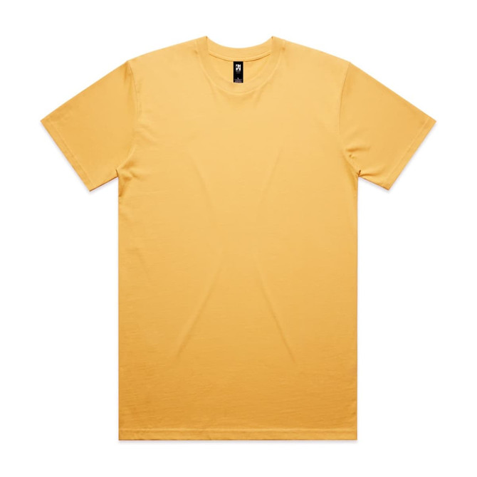 A plain yellow T-shirt with short sleeves and a branding label on the collar.