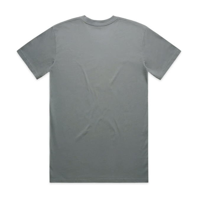 A plain grey t-shirt featuring a crew neck and short sleeves, with a branding logo on the label.
