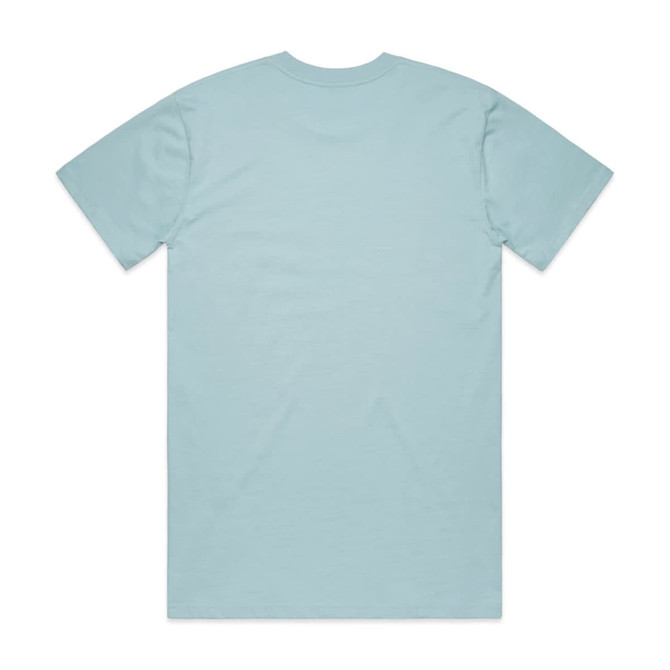 A light blue t-shirt with a crew neck and short sleeves, featuring a logo on the back.