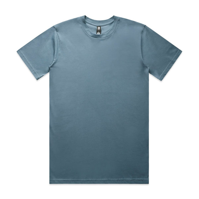A classic tee in a soft blue hue, featuring a round neckline and short sleeves. It has a logo label.