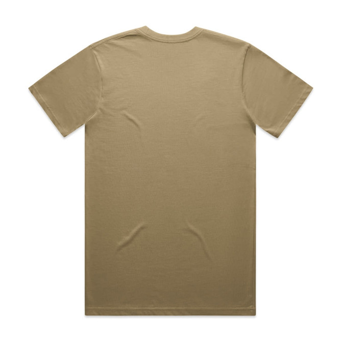 A plain beige T-shirt with a crew neck and short sleeves, featuring a logo on the back.