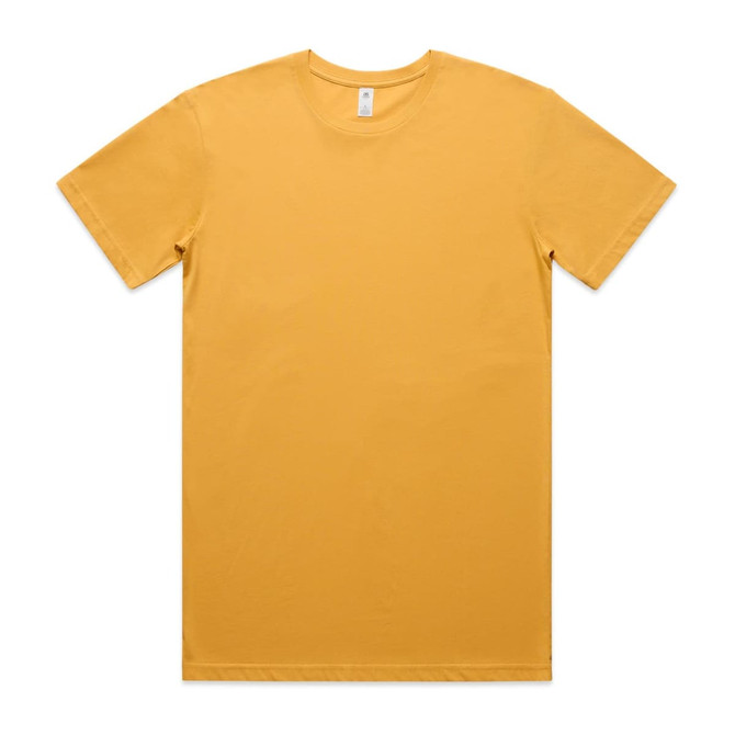 A plain yellow t-shirt displayed flat with short sleeves and a crew neckline, featuring a brand label.