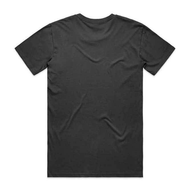 A dark grey t-shirt featuring a plain back design and a logo. Suitable for casual wear.