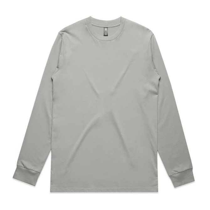 A long-sleeve tee in a muted grey shade, featuring a simple design and a small logo.