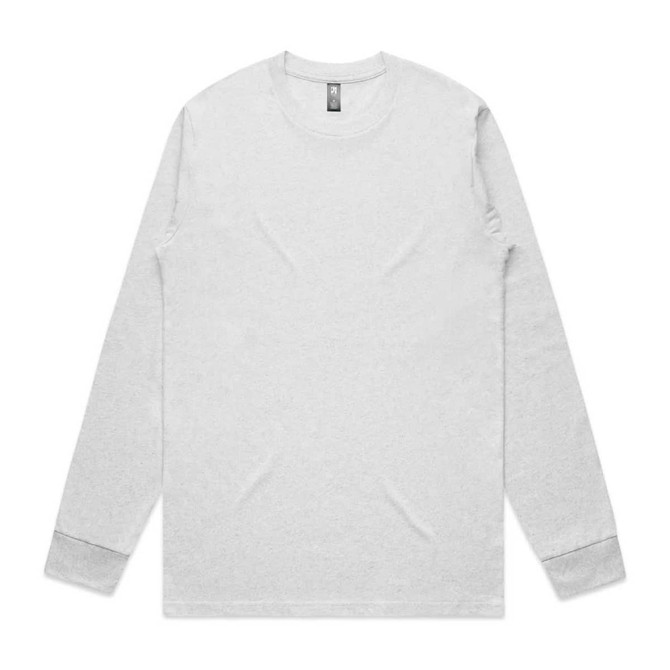 A light grey long-sleeve T-shirt with a round neckline and a logo on the label.