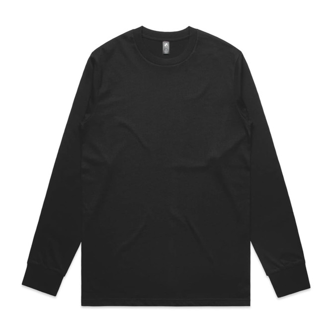 A black long-sleeve t-shirt with a simple design and a logo on the neck.