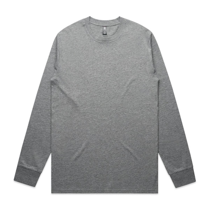 A grey long-sleeve T-shirt laid flat, featuring a simple design and a label inside the collar.