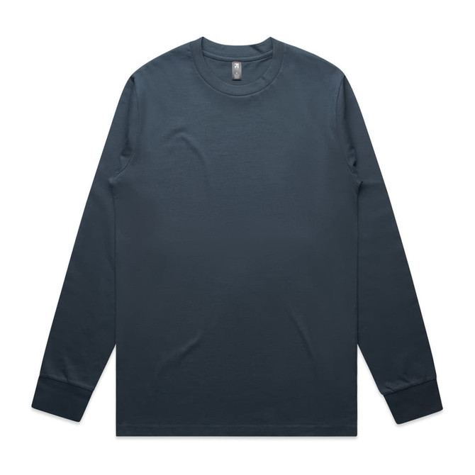 A long-sleeve t-shirt in navy blue with a simple design and a logo on the label.