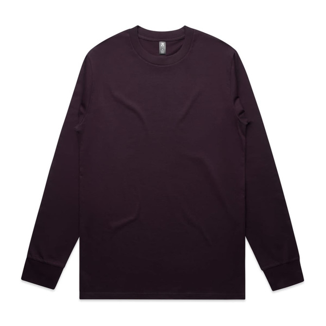 A long-sleeve tee in a deep purple colour, featuring a simple design and a logo on the neckline.