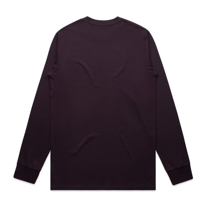 A long-sleeved tee in a deep purple shade, featuring a simple back design and a logo.