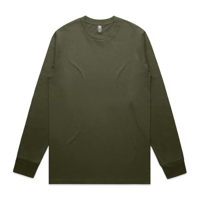 A long-sleeved tee in olive green, featuring a crew neck and fitted sleeves, with a logo on the label.