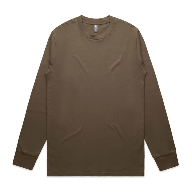 A long-sleeve t-shirt in a brown hue, featuring a simple design and a logo on the tag.