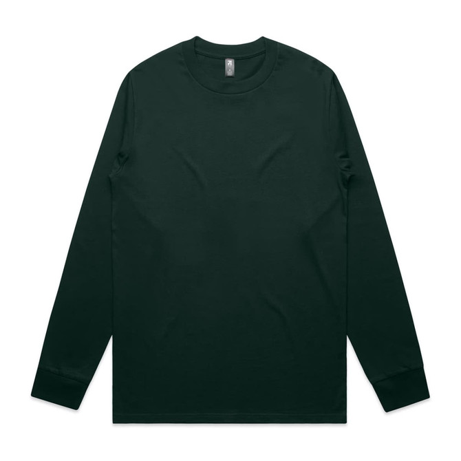 A long-sleeve tee in dark green with a round neckline and a logo on the label.