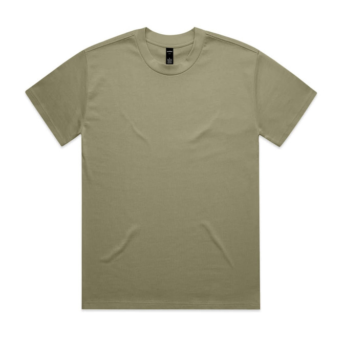 A khaki Heavy Tee featuring a crew neck and a plain design. It has a logo tag on the inside neck.