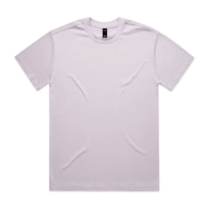 A plain heavy white t-shirt with a round neckline and short sleeves, featuring a small logo.