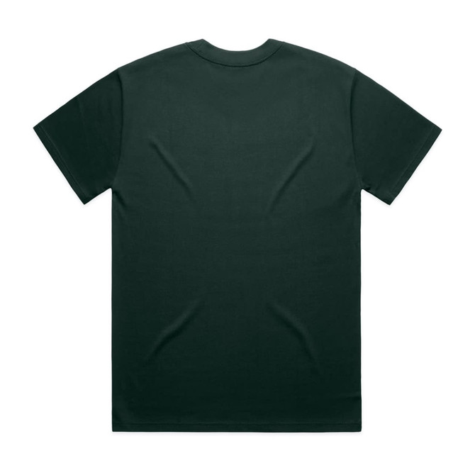 A dark green heavy tee shirt with a classic crew neckline and short sleeves, featuring a branding logo.