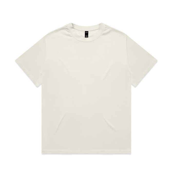A plain white T-shirt with a round neckline and short sleeves, featuring a small logo on the label.