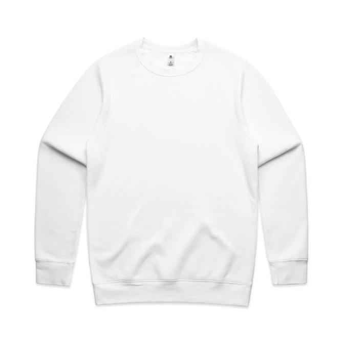 A white jumper with long sleeves and a round neck, featuring a branding logo on the inside.