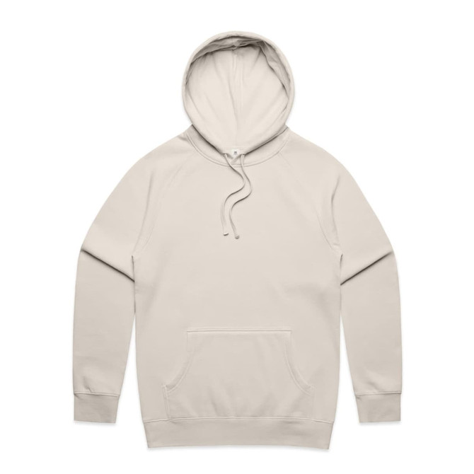 A beige hoodie with a front pocket and a drawstring hood, featuring a small logo.