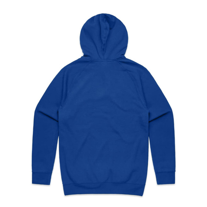 A blue hoodie with a hood and long sleeves. The back view features a smooth, unembellished design.