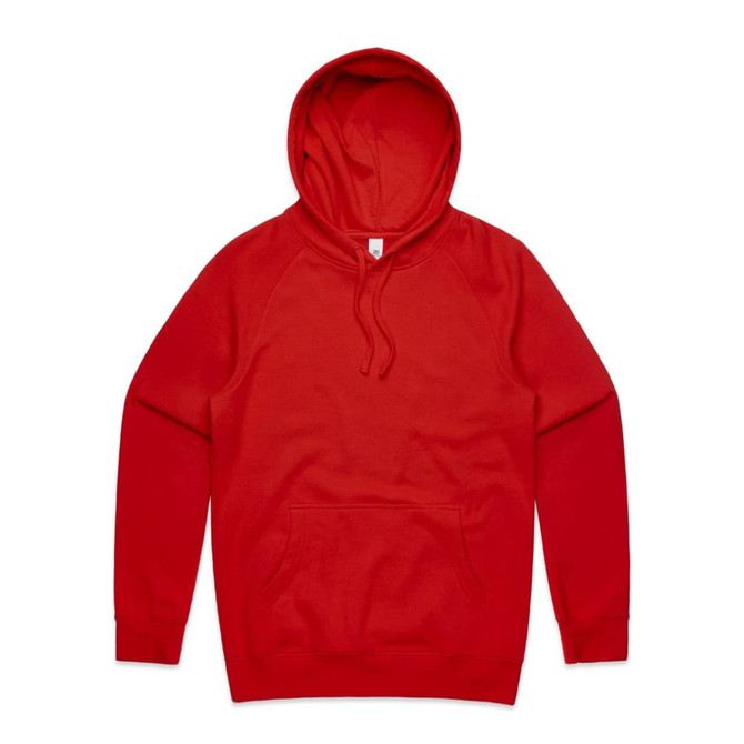 A red hoodie featuring a kangaroo pocket and a hood. The garment has long sleeves and a logo.