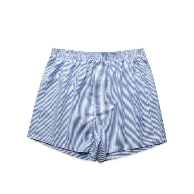 A pair of blue and white striped boxer shorts with an elastic waistband.