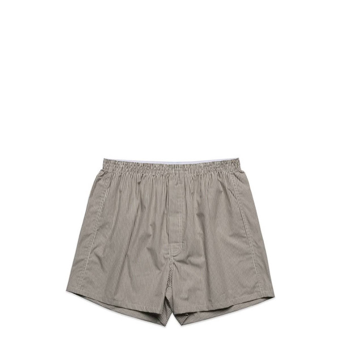 Striped boxer shorts featuring an elastic waistband and a loose fit. The fabric has a light colour palette.