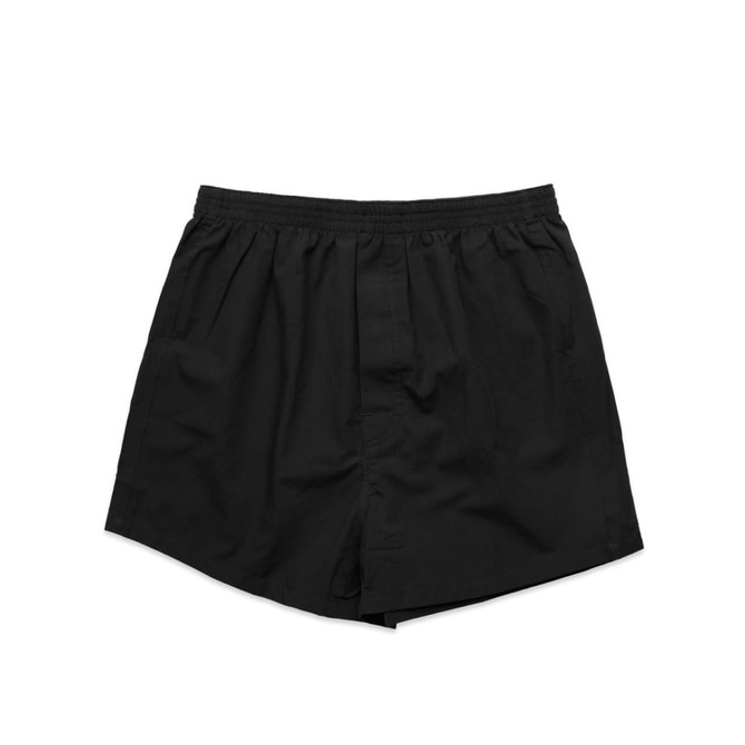 Black boxer shorts with an elastic waistband, featuring pleats and a relaxed fit. The design is simple and classic.
