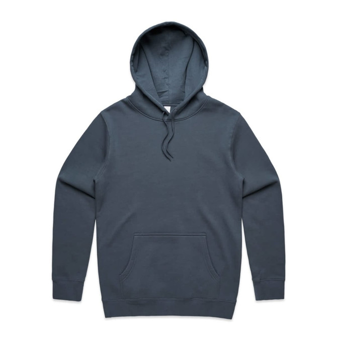 A grey hoodie featuring a front pocket and a drawstring hood. The product includes a logo.