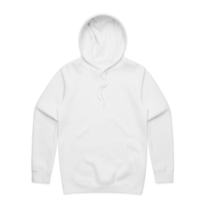 A white hoodie with a front pouch pocket and a drawstring hood. It features a logo on the front.