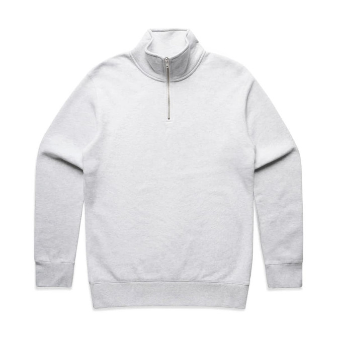 A light grey half zip crew jumper featuring long sleeves and a collar. It has a logo on the front.