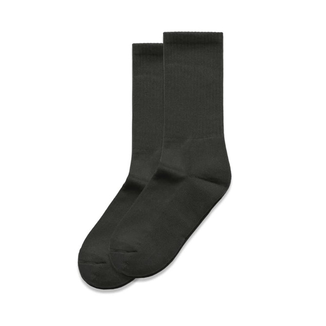 A pair of dark grey socks, featuring a smooth texture and ribbed pattern, presented side by side.