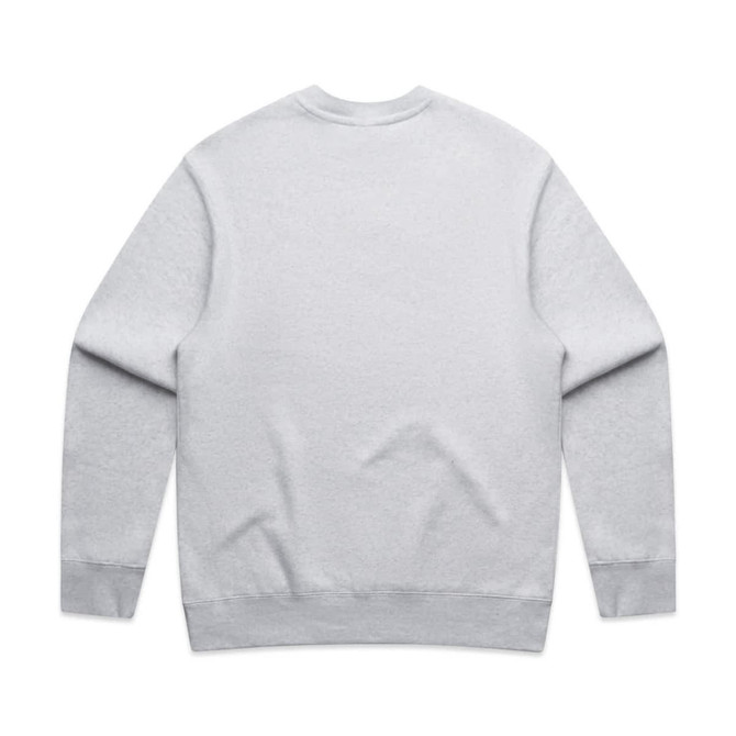 A light grey jumper with a crew neck and long sleeves, featuring a logo on the back.