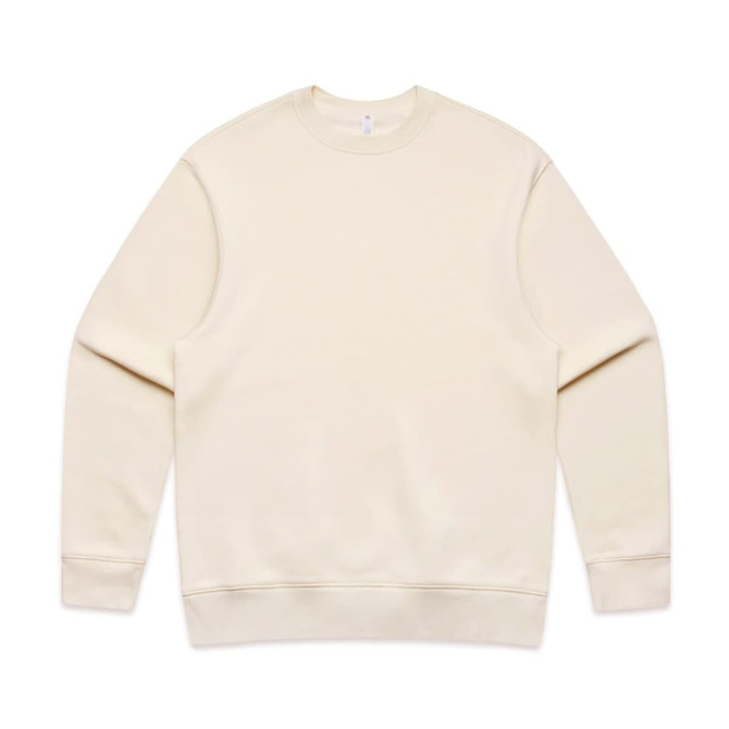 A cream-coloured jumper with a round neckline and long sleeves. It features a logo on the front.