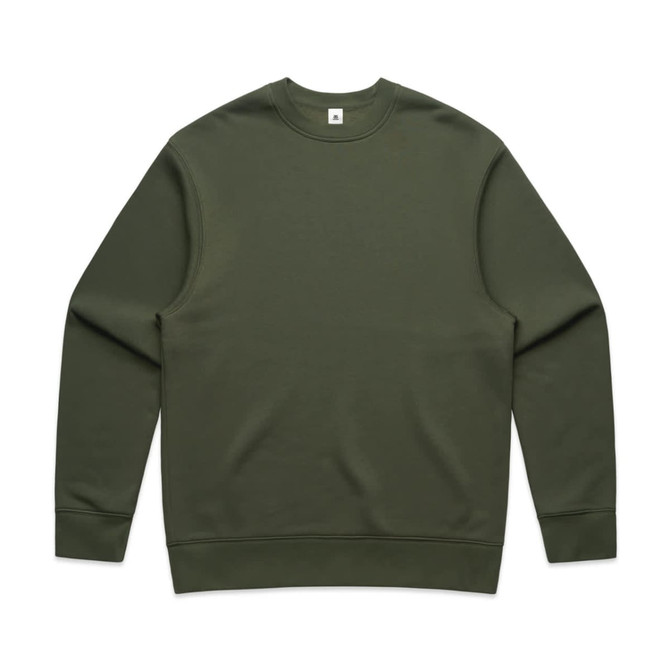A green sweater with a crew neck and long sleeves, featuring a logo on the neckline.