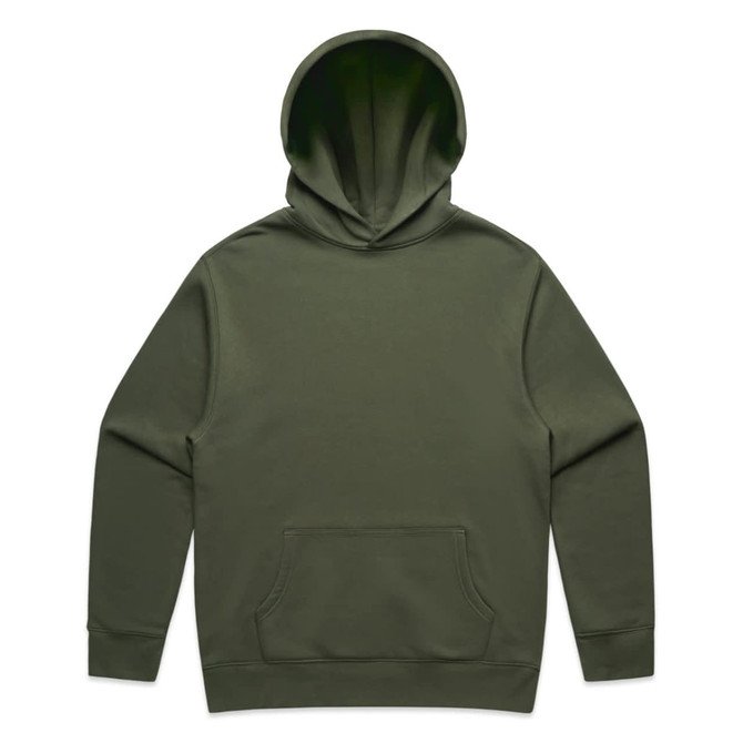 An olive green hoodie with a front pocket and a large hood, featuring a small logo.