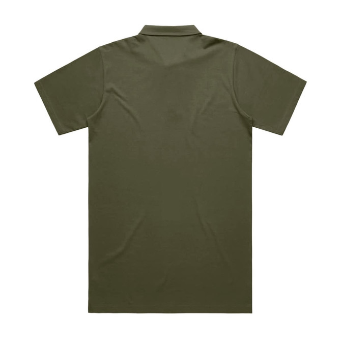 A plain olive green polo shirt featuring a collar and short sleeves, with a branding logo on the back.