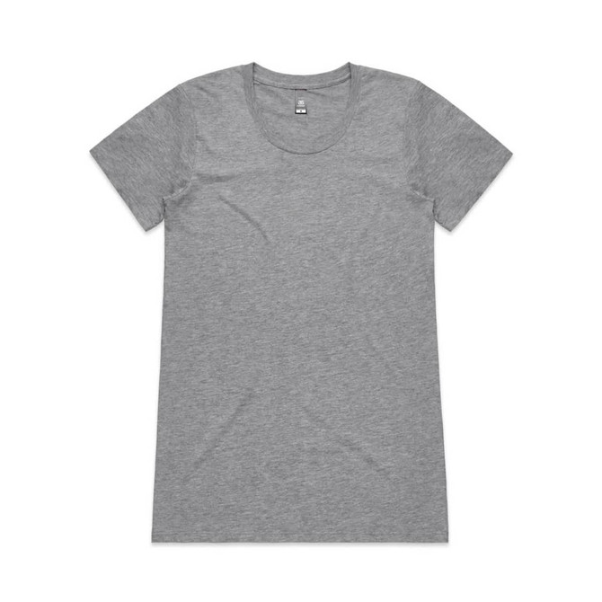 A grey T-shirt with a scoop neck design and short sleeves, featuring a logo on the label.