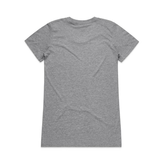 A grey T-shirt with short sleeves and a smooth back. It features a logo.